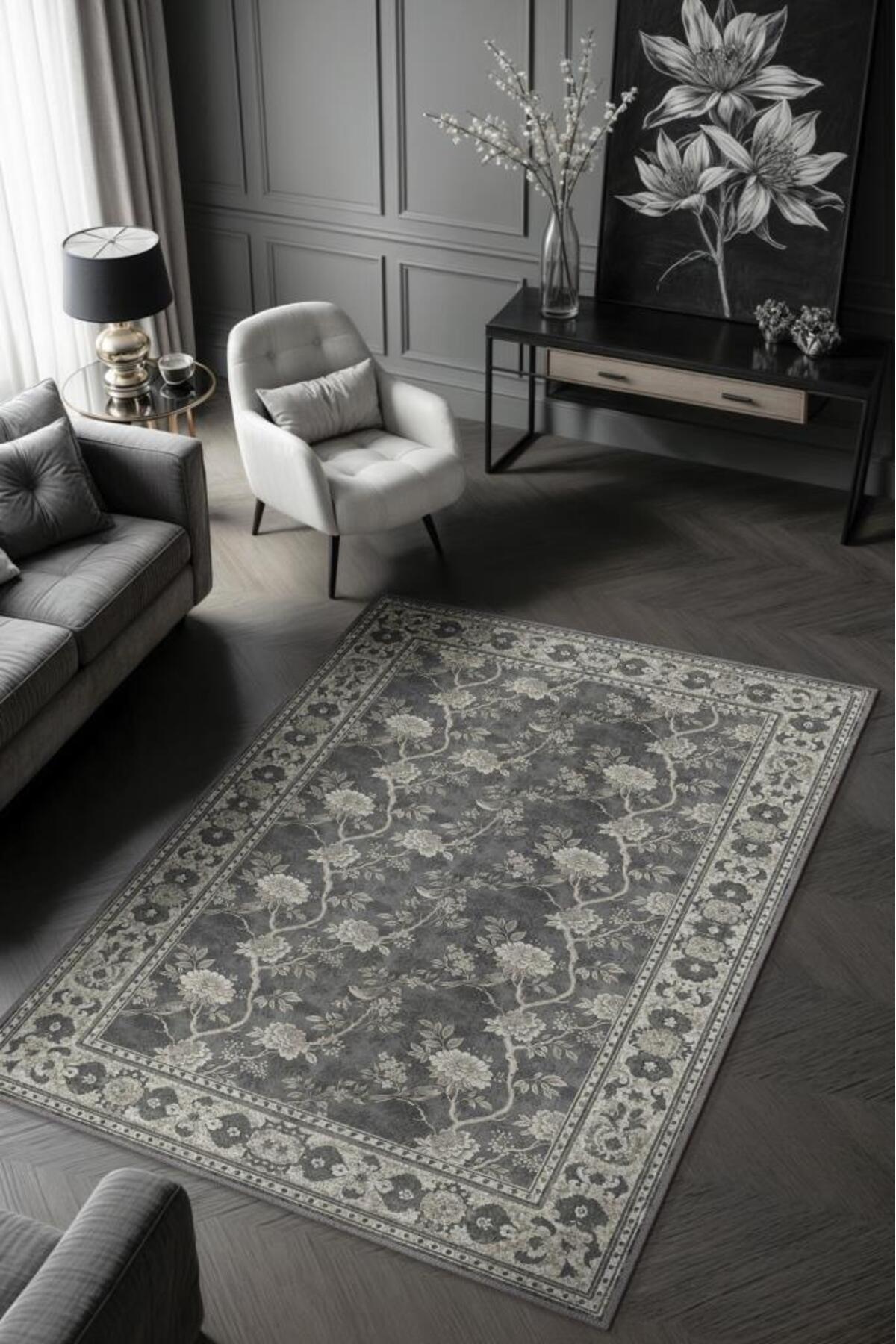 Gothic Decor Style Floral Grey Bedroom Rug, Washable Grey Living Room Rug