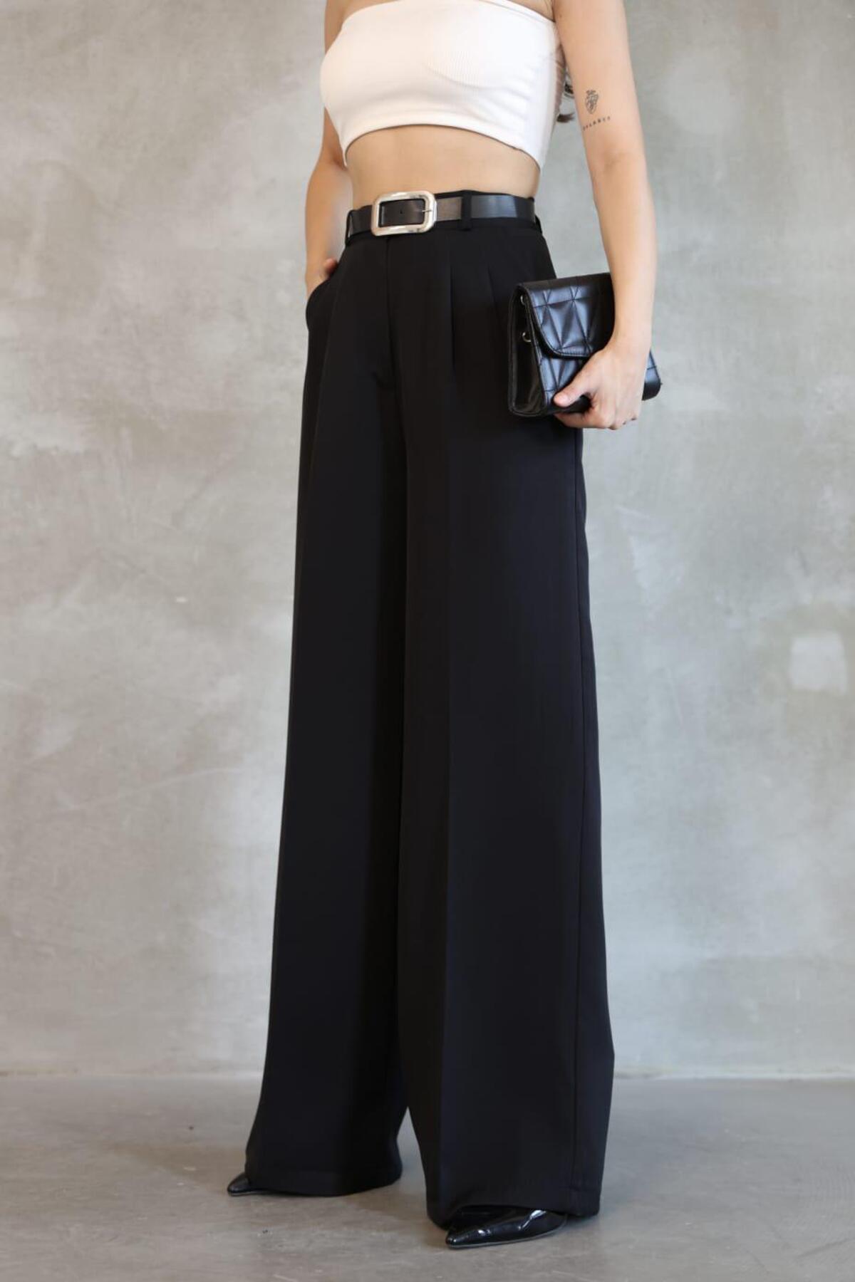 JACK CAPRİO  Kadın Palazzo Pileli Pantolon İthal DoubleFace Kumaş Yüksek Kaliteli Ürün Yüksek Bel Kemerli - Görsel 2