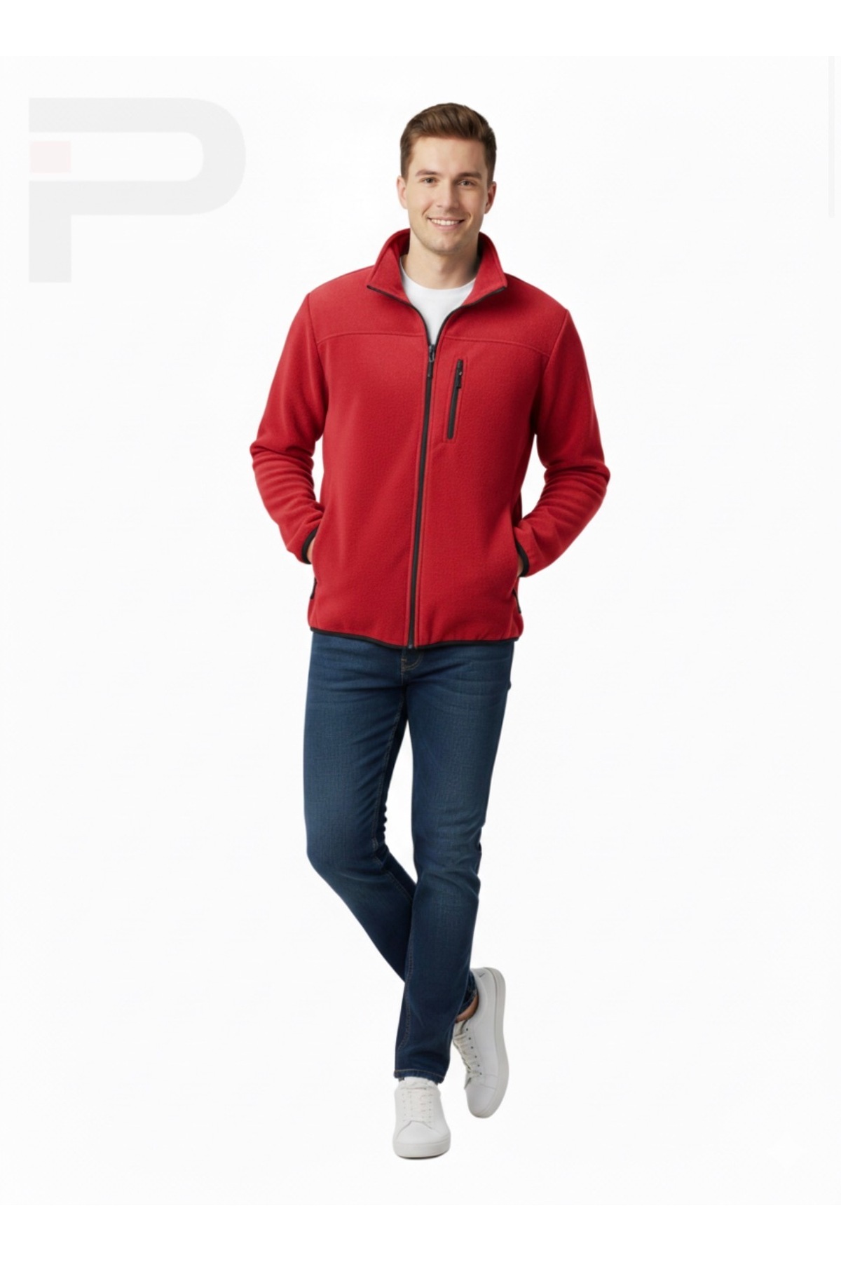 Unisex Tam Fermuarlı 280 gr 3 Cepli Polar Outdoor Ceket — قرمز P1502 — تصویر 4 از 6