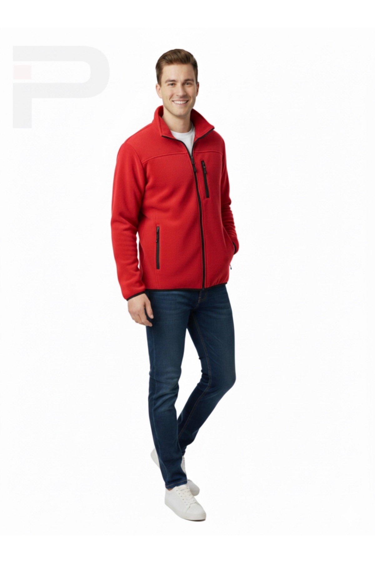 Unisex Tam Fermuarlı 280 gr 3 Cepli Polar Outdoor Ceket — قرمز P1502 — تصویر 5 از 6