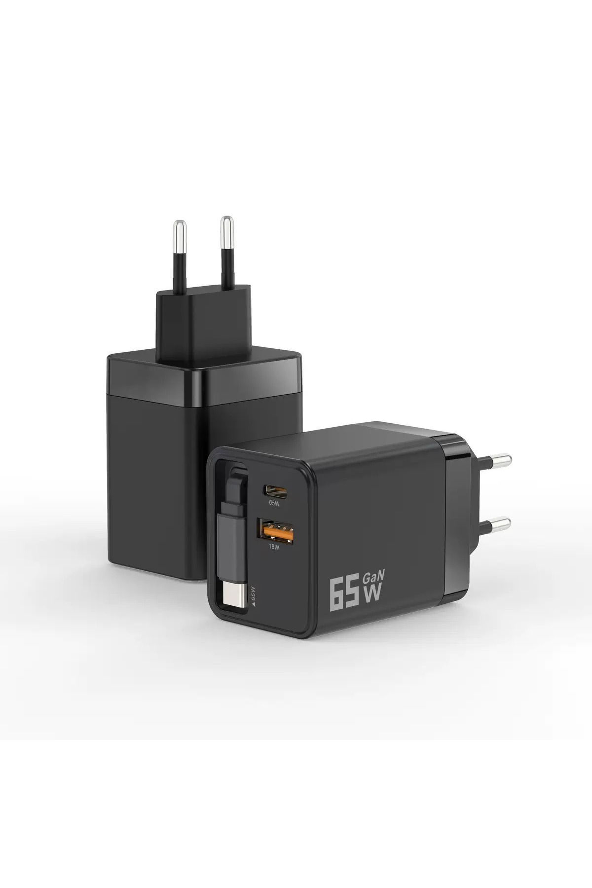 FİOPLUS GaN 65Watt 2xUSB-C + 1xUSB-A Çıkışlı, Dahili USB-C Kablolu