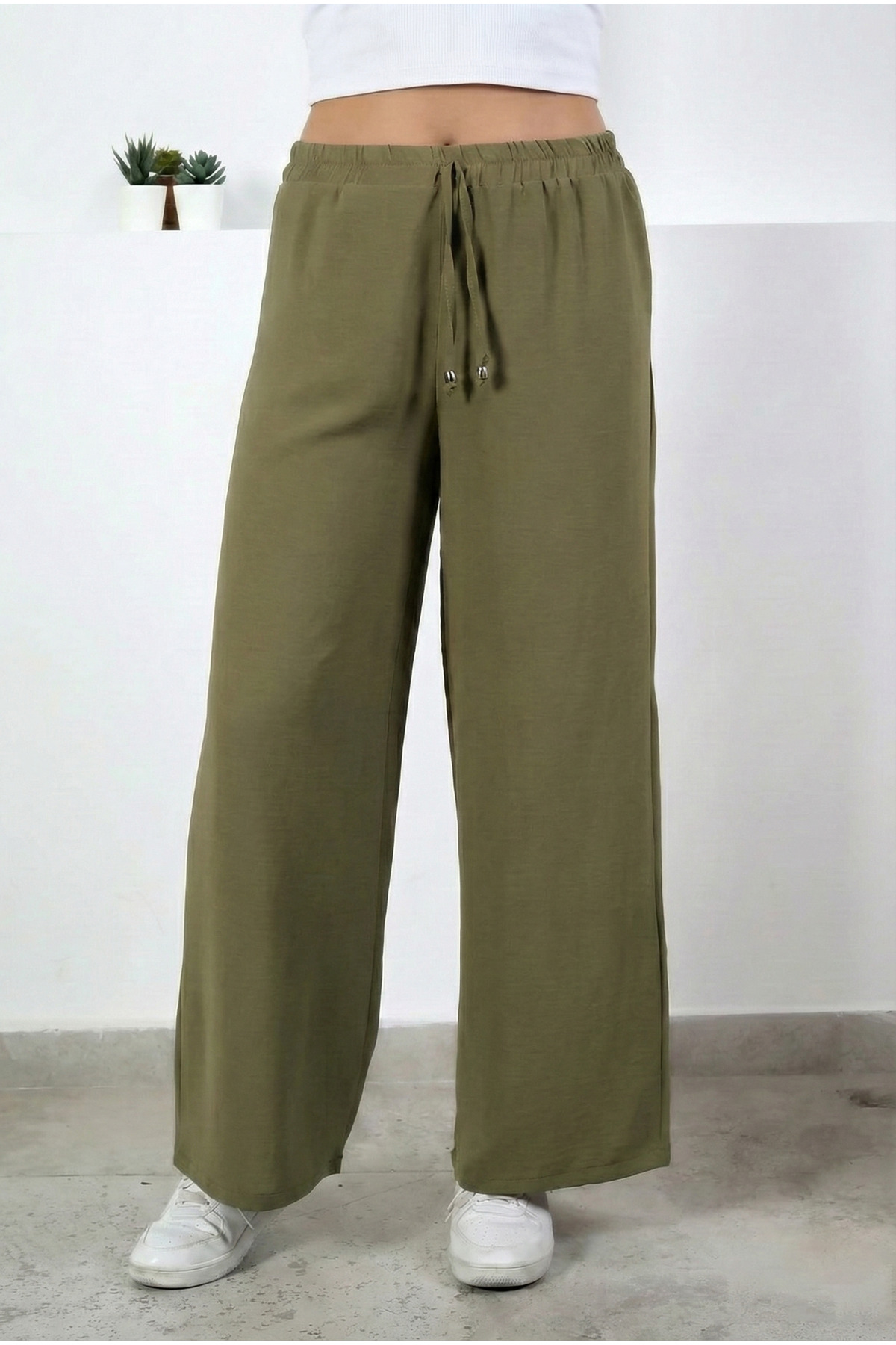 Women's Khaki Elastic Waist Lace-Up Wide Leg Ayrobin Pants