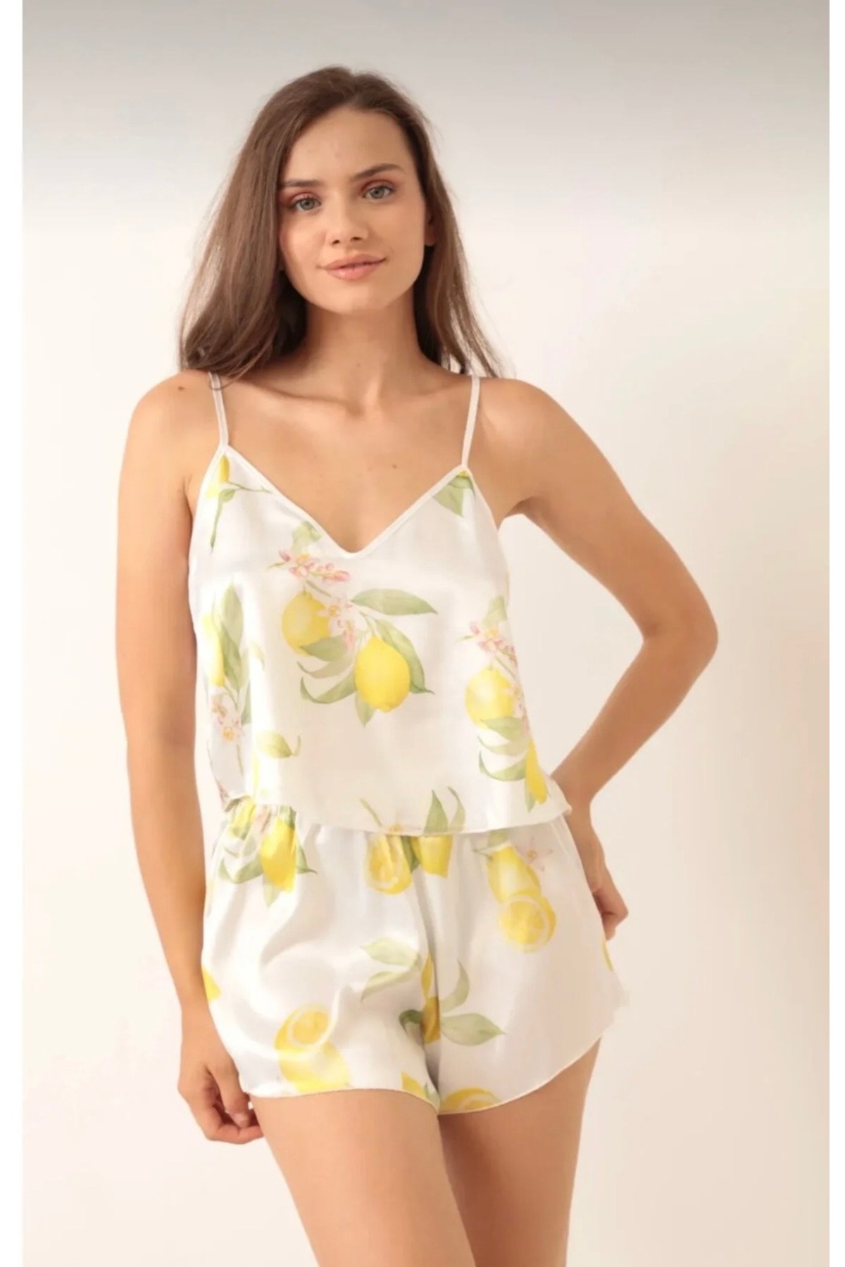 Nova Limon Desenli Saten Gecelik Takım