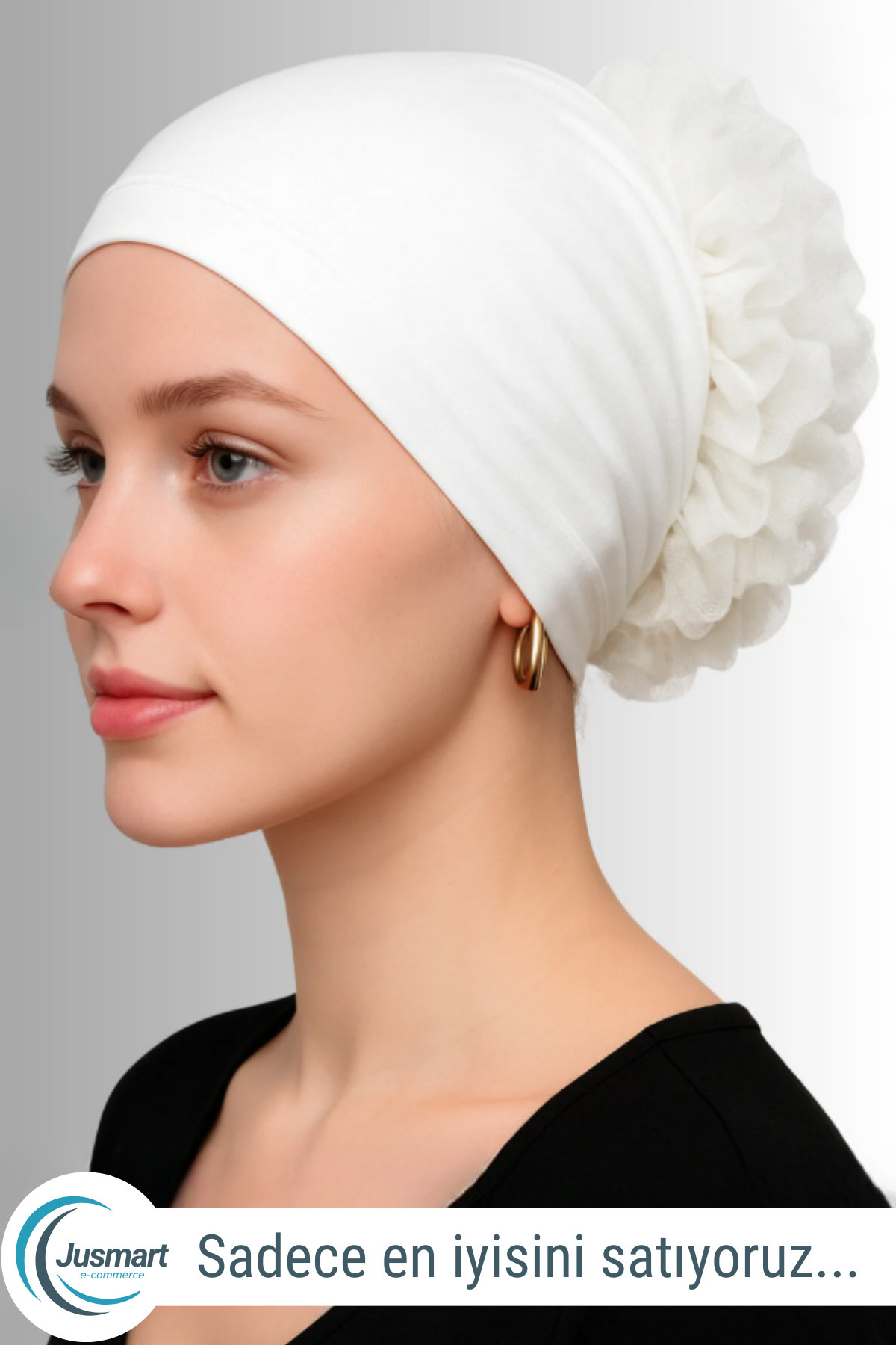 Jusmart Beyaz ◇ Pamuklu Fırfırlı Bone ◇ Kaymayan Dikişsiz Topuz Bonesi ◇ Günlük Pratik Şık Tesettür