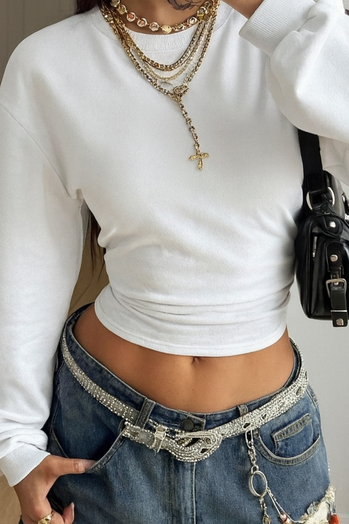 Tarz Cool Kadın Beyaz Bisiklet Yaka Belden Oturtmalı Tasarım Sweatshirt görsel 3