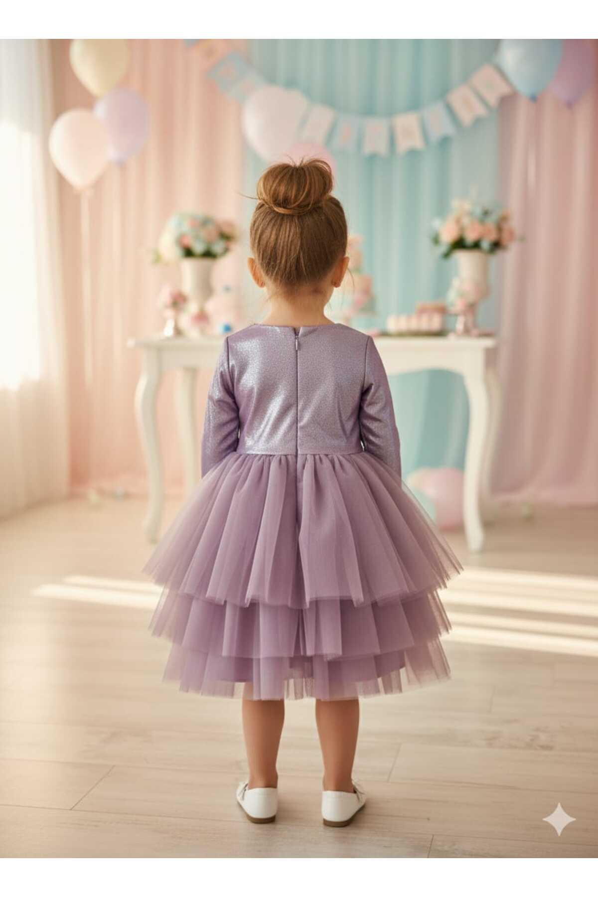 penu baby kids Mor Parlak Jarse Kat Etekli Uzun Kolu Kız Çocuk Kız Bebek Elbise fotoğrafı 4 (önizleme)