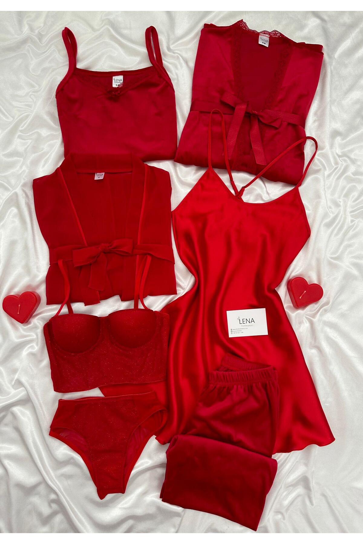 Lena Homewears Paris Kırmızı 7'li Parça Dev Pijama Gecelik Sabahlık Iç Giyim Lüks Gelin Çeyiz Seti