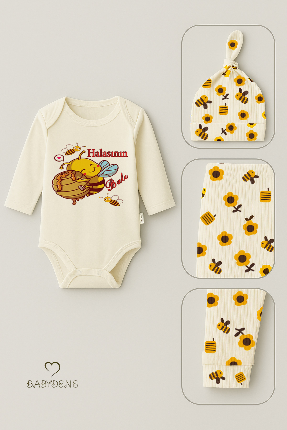 BABYDEN'S Halasının Balı 3’lü Yenidoğan Takım %100 Pamuk Uzun Kol Body,Çiçek Arı Desenli Ribana Pantolon,Bere fotoğrafı 2 (önizleme)