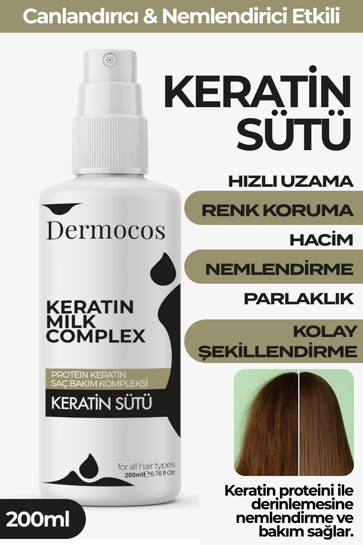 Dermocos Keratin Sütü Saç Bakım Spreyi - Onarıcı, Pürüzsüzleştirici ve Parlaklık Verici 200 ml — 8684904310872