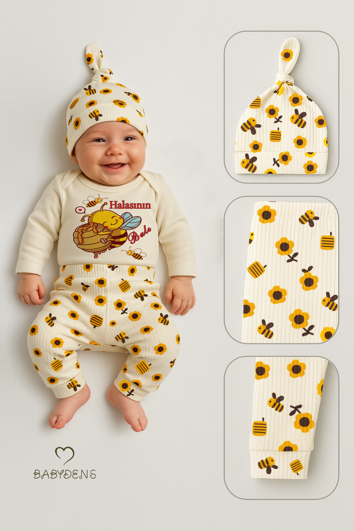 BABYDEN'S Halasının Balı 3’lü Yenidoğan Takım %100 Pamuk Uzun Kol Body,Çiçek Arı Desenli Ribana Pantolon,Bere fotoğrafı 5 (önizleme)