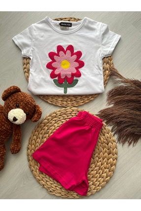 Bonibo Kids Pembe Çiçek İşlemeli Kız Çocuk Şortlu Takım