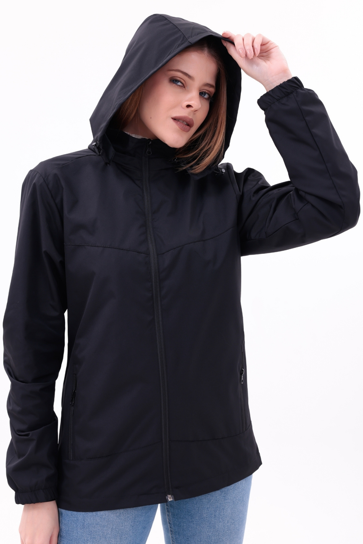 freemen  Kadın Siyah Çıkarılabilir Kapşonlu Yağmurluk Mont - Görsel 8