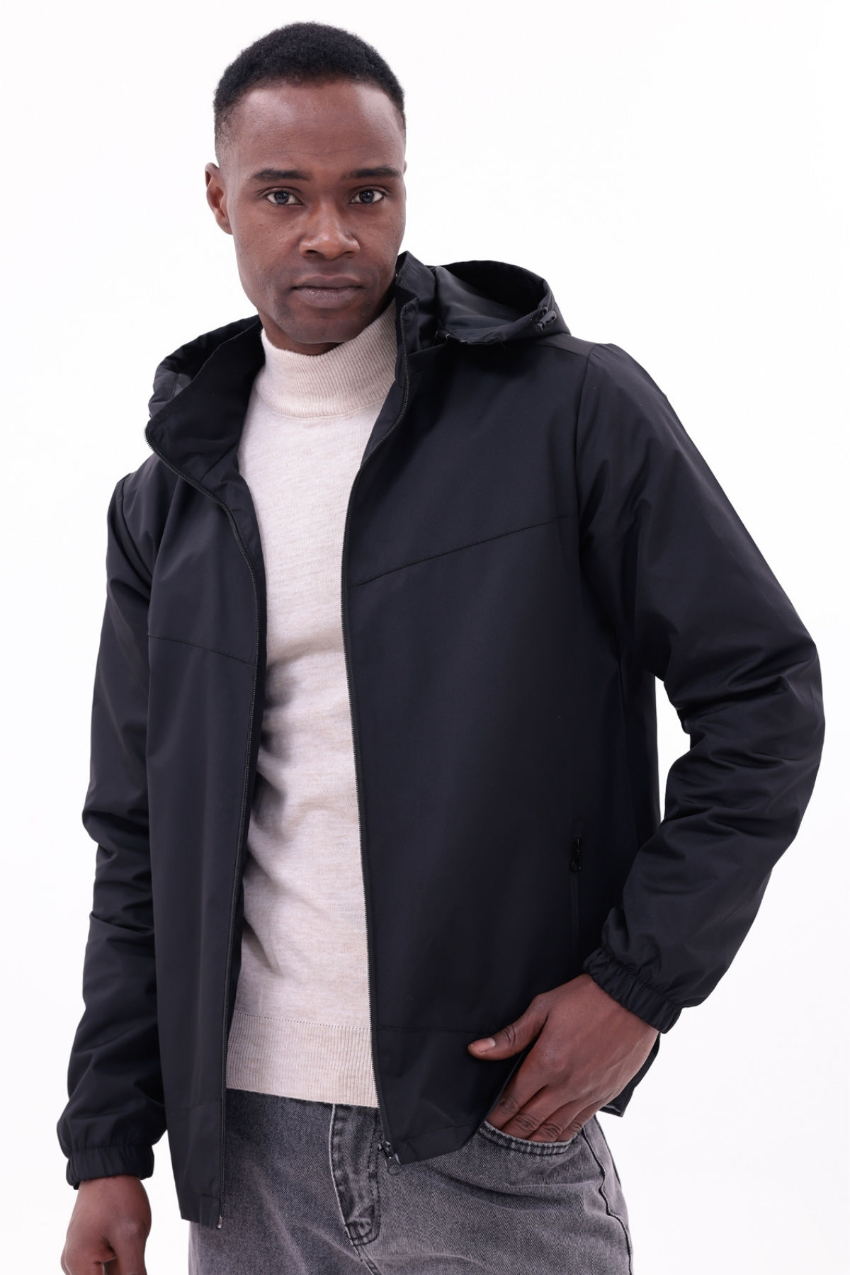 freemen  Erkek Siyah Çıkarılabilir Kapşonlu Yağmurluk Mont - Görsel 3