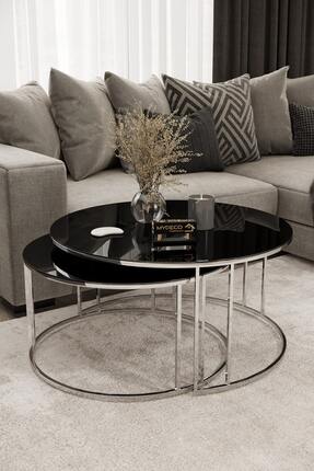 MYDECO Yavrulu 1+1 Orta Sehpa Gümüş Kaplama Siyah Ayna