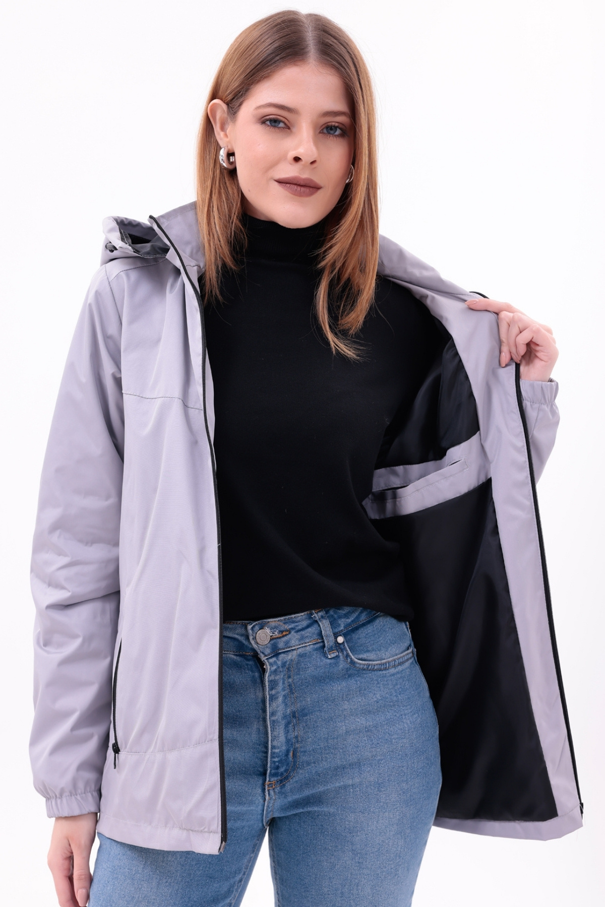 freemen  Kadın Taş Çıkarılabilir Kapşonlu Yağmurluk Mont - Görsel 5