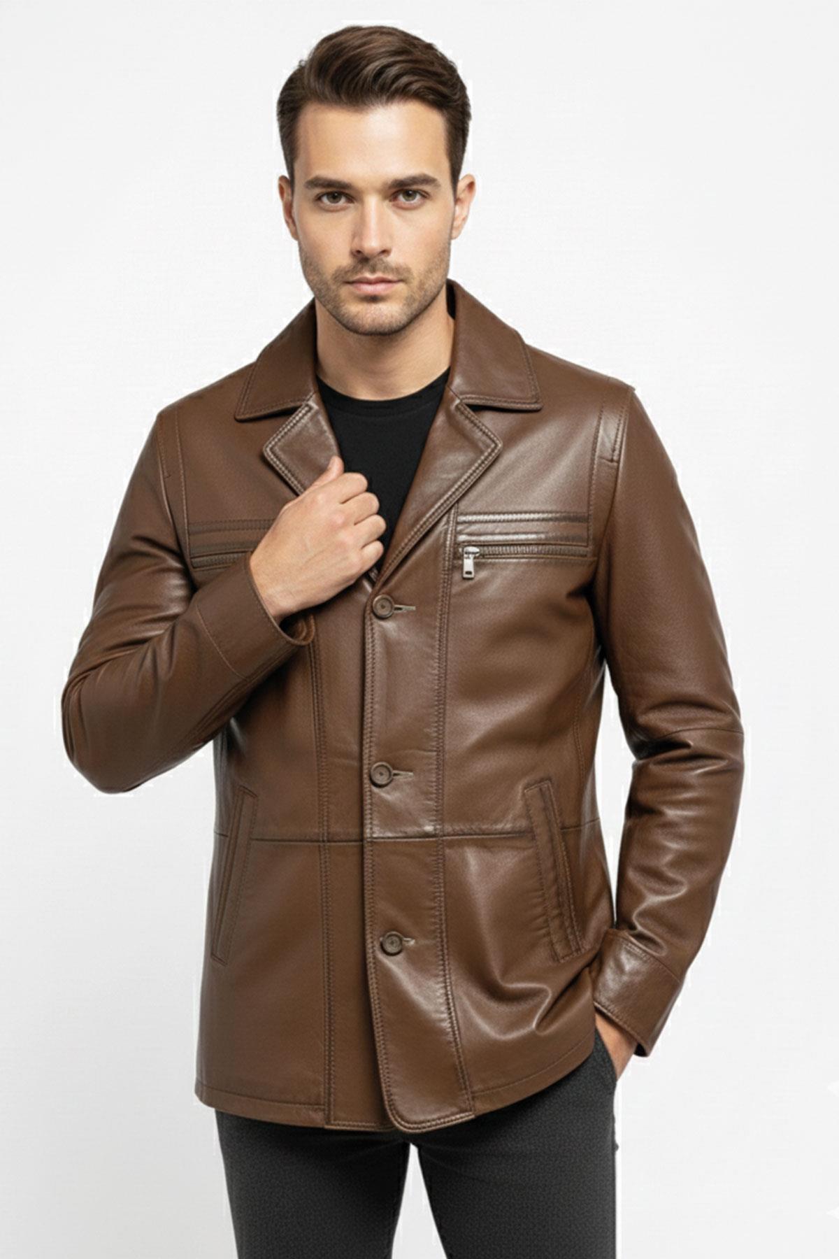 Deriderim  Konyak Wiliam Düğme Kapamalı Göğüste Fermuarlı Cep Detaylı Astarlı Erkek Hakiki Deri Ceket - Görsel 2