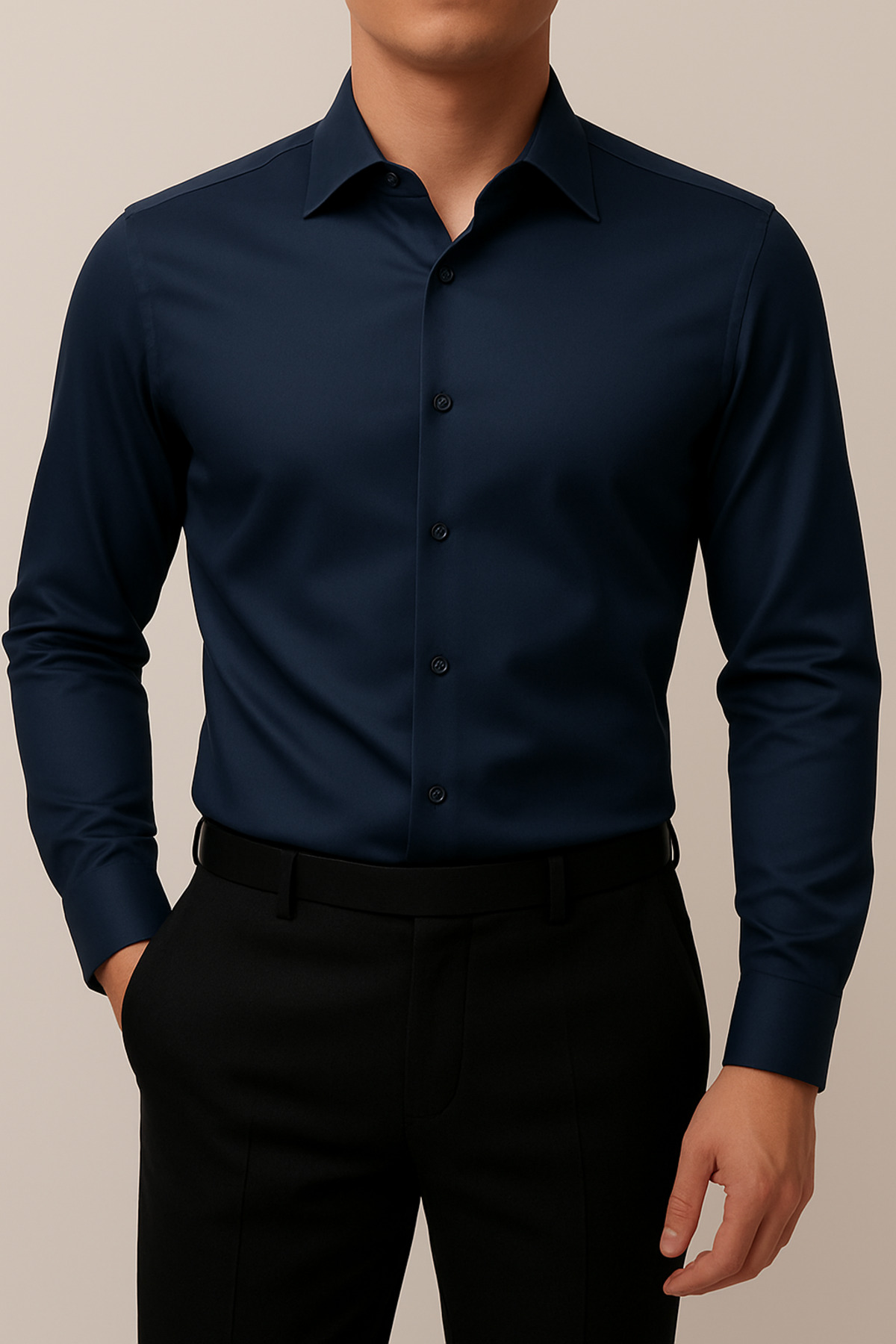 cathe cat  Slim Fit Uzun Kollu Kolay Ütü Teri Emen Nefes Alan Doku Kravatlık Dört Mevsim Lacivert Erkek Gömlek