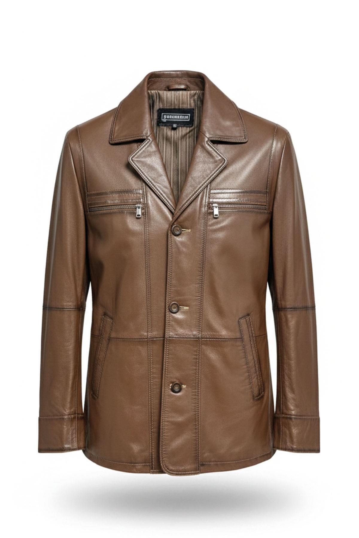 Deriderim  Konyak Wiliam Düğme Kapamalı Göğüste Fermuarlı Cep Detaylı Astarlı Erkek Hakiki Deri Ceket - Görsel 6
