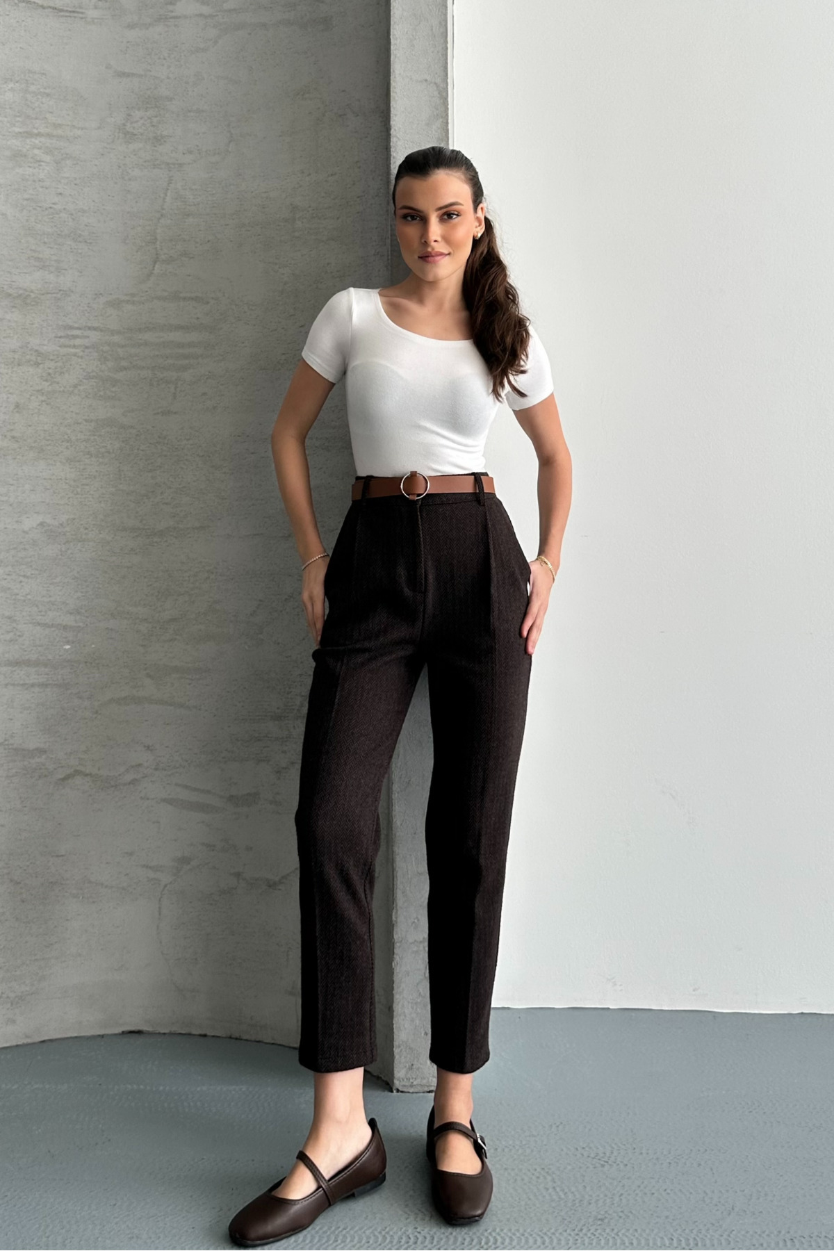 macharel jeans Kadın Desenli Dar Paça Cepli Kemerli Kaşe Pantolon