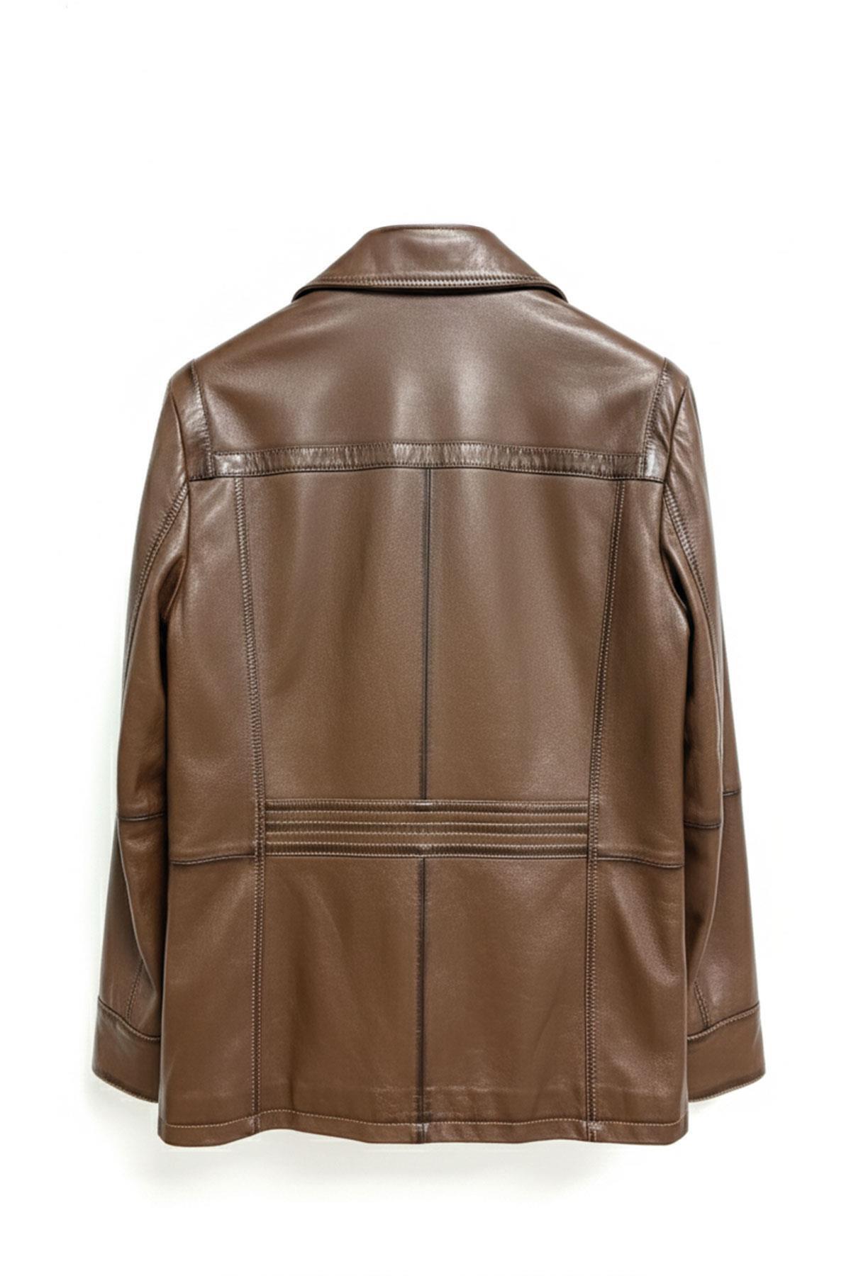 Deriderim  Konyak Wiliam Düğme Kapamalı Göğüste Fermuarlı Cep Detaylı Astarlı Erkek Hakiki Deri Ceket - Görsel 7