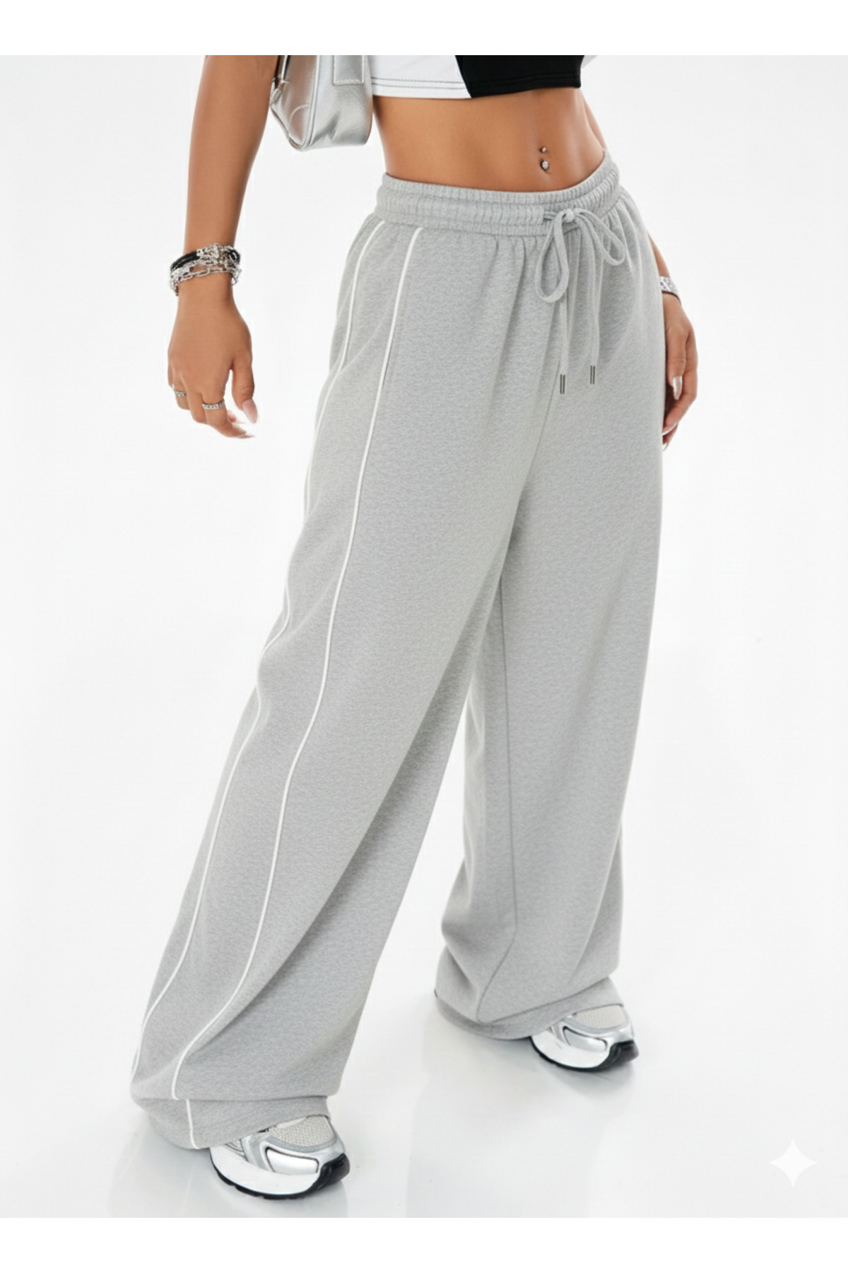 De Carte  Kadın Oversize Bol Kesim Zip Side Yan İnce Çift Çizgili Pantolon Tarz Eşofman Altı - Görsel 3