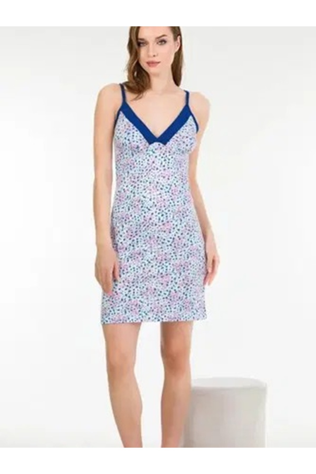 aynora Kadın Desenli Mavi Penye Gecelik