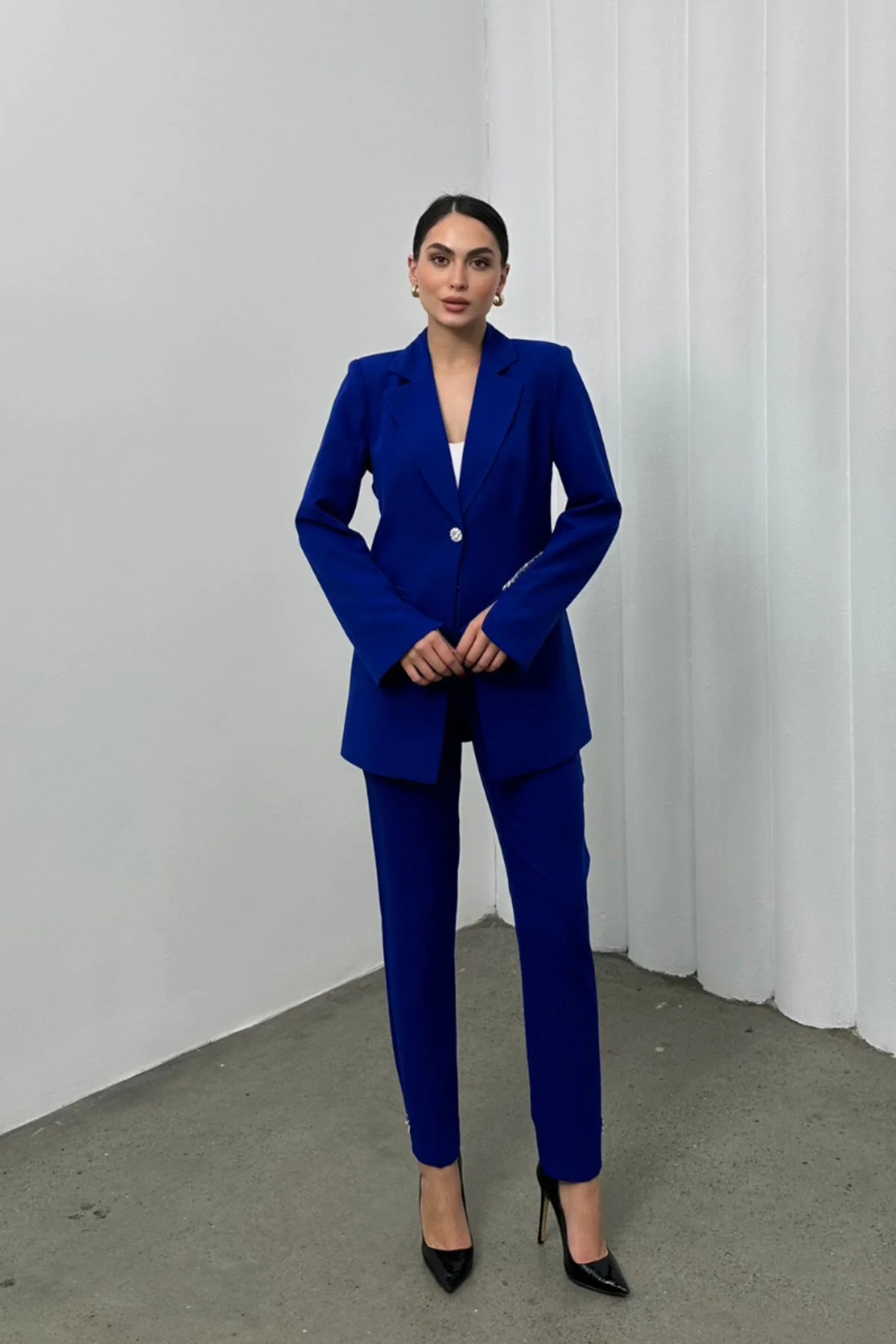 Women's Two-Piece Straight-Leg Blazer & Trousers Set SAX - Görsel 4