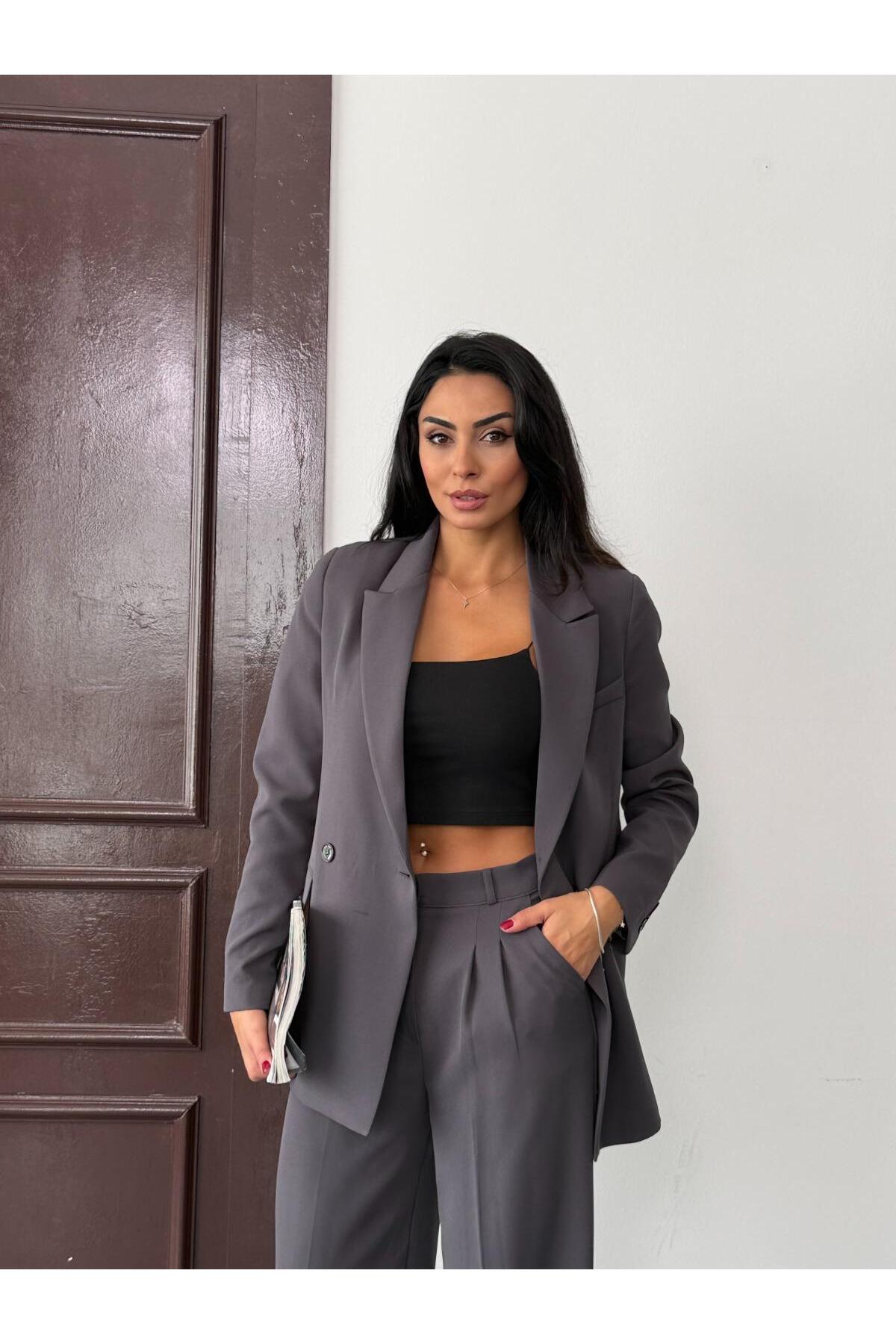 Afri Gray Women's Polly Viscon Suit – 1St. Class Fabric Blazer Jacket & Palazzo Pants Double Suit