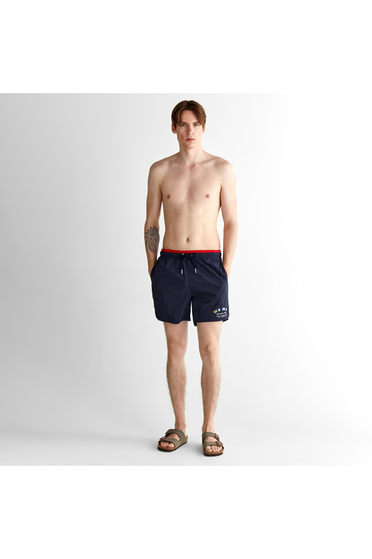 گنت شلوارک شنا مردانه طرح دار سرمه‌ای معمولی با لوگو