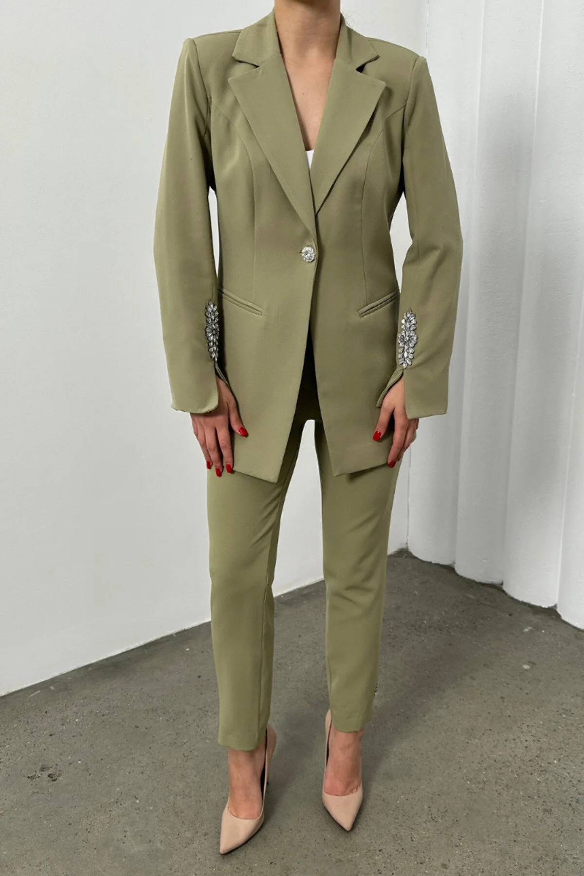 Women's Khaki Two-Piece Straight-Leg Blazer & Trousers Set - Görsel 5