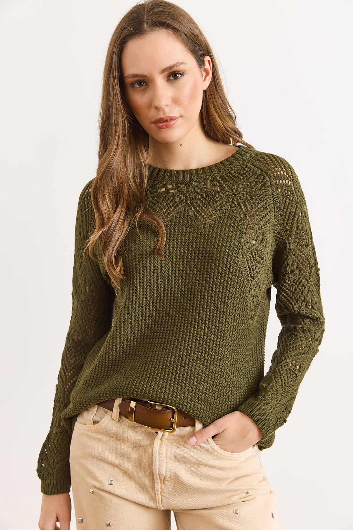 Women's Khaki Openwork Detailed Knitwear BlouseBLZ-19003090