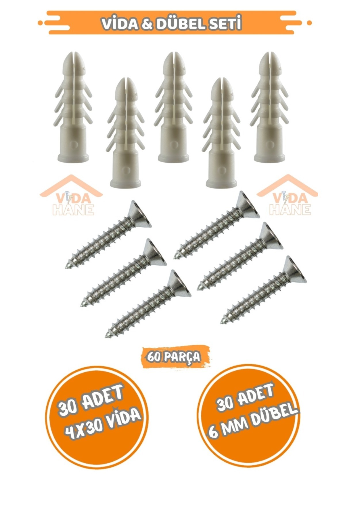 Std VİDA HANE 4x30 DÜBELLİ SUNTA VİDASI SETİ 60 PARÇA - 30 Adet 4x30 sunta vidası, 30 Adet 6MM dübel
