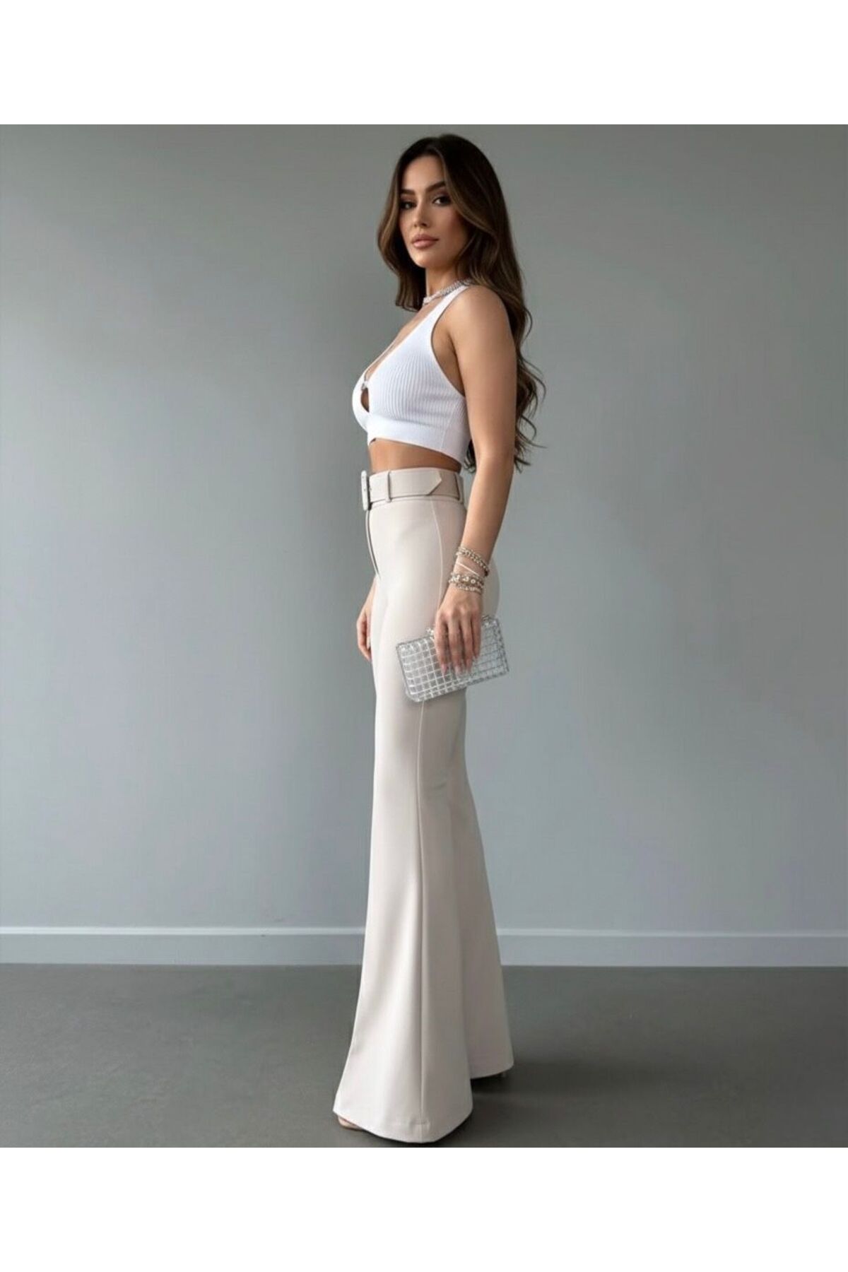 HA-KA GİYİM  Kadın İthal Kumaş Doubleface İspanyol Paça Kemer Detaylı Çekme Solma Yapmaz - Görsel 5