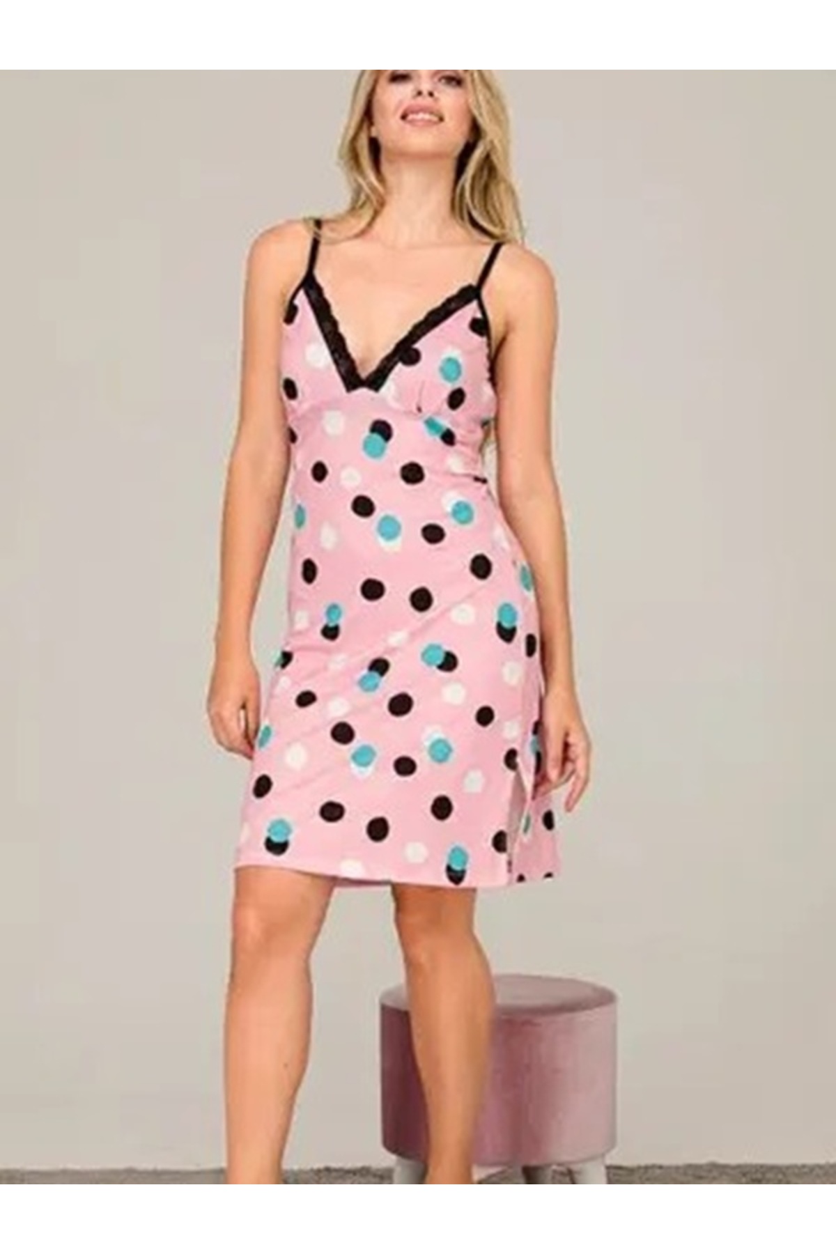 aynora Kadın Renkli Puantiyeli Pembe Penye Gecelik