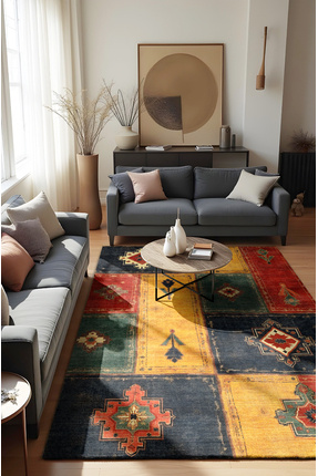 CANİLA Etnik Patchwork Desenli Sarı Dijital Baskılı Dokuma Tabanlı Şönil Halı