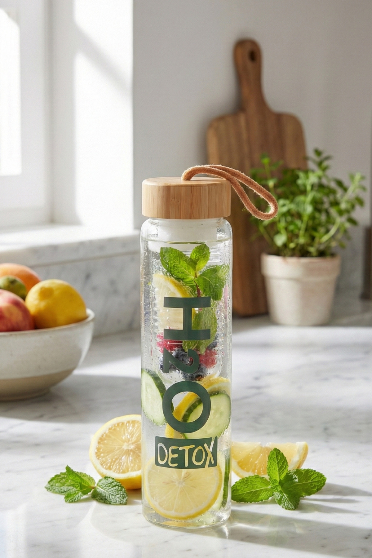 Poomy 1 Lt Bambu Kapaklı Cam Detoks Matarası - Süzgeçli Su Şişesi ve Suluğu