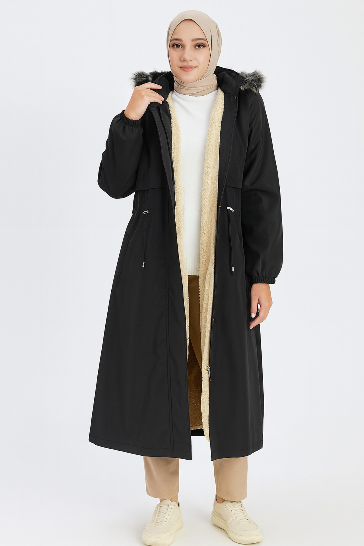 PALMİYE GİYİM Kadın İçi Kürklü Kapüşonlu Bondit Mont-Siyah