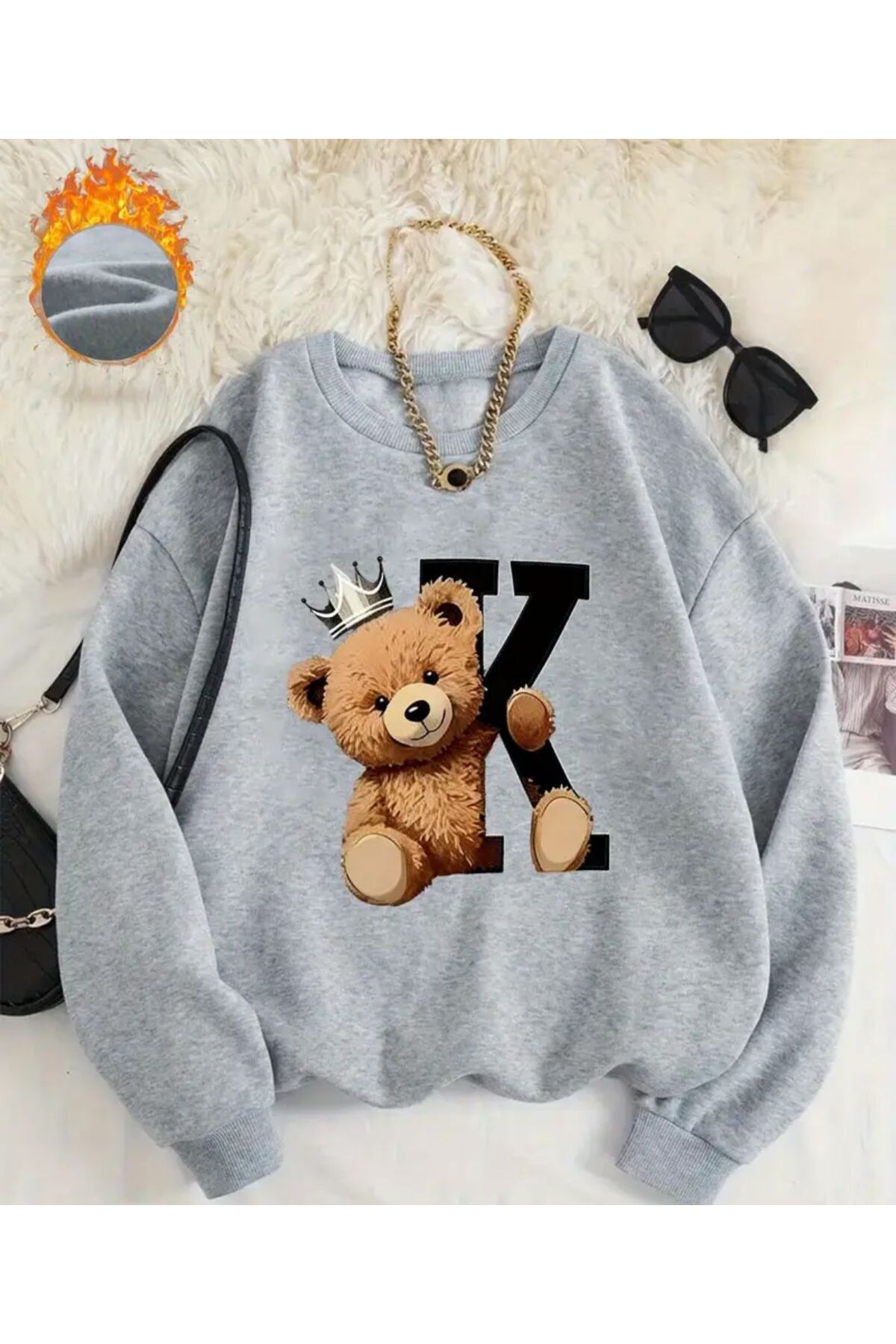 King Teddy Bear Print Pattern Detailed Crew Neck Sweatshirt