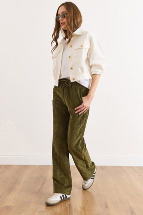 Olalook Kadın Haki Kadife Cepli Beli Lastikli Kalın Fitilli Wide Leg Pantolon...