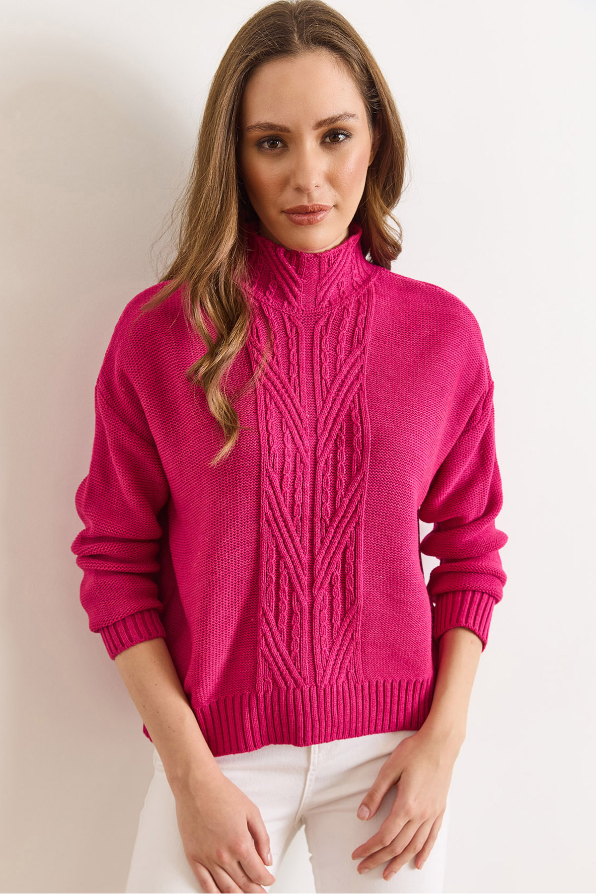 Women's Fuchsia Upright Neck Hair Braided Knitwear SweaterKZK-19000912