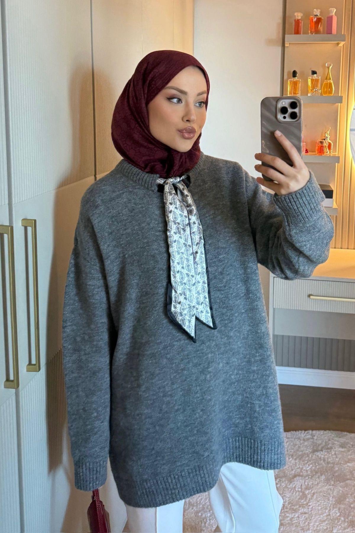 HAZA MODA Fularlı Kazak Füme