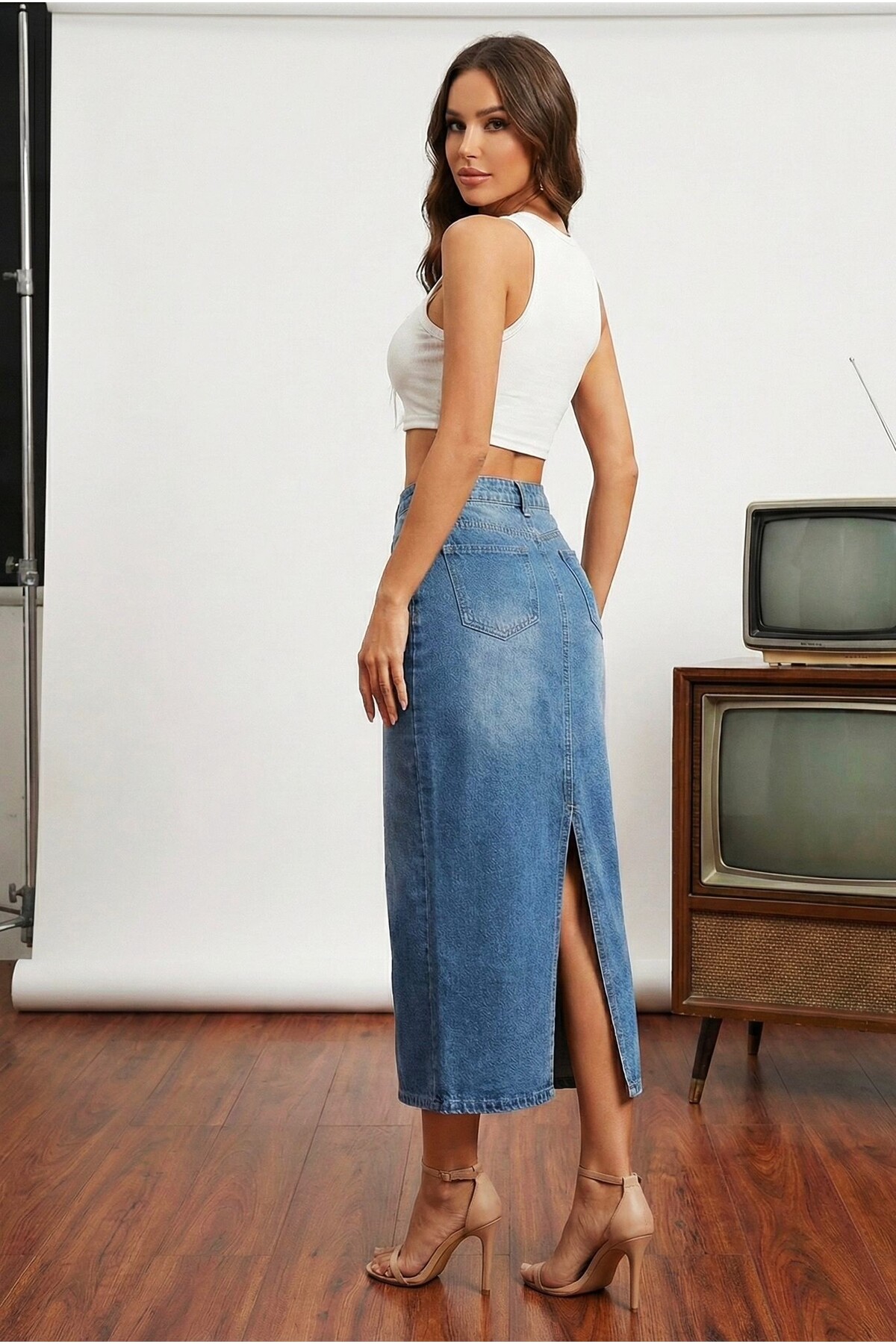 Ore design  Vintage Mavi Yıpratmalı Kadın Yüksek Bel Klasik 5 Cep Denim Etek OYOK26ET2215 - Görsel 2