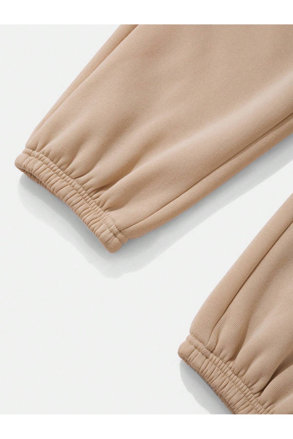 thefun fashion Unisex Bej Paça Lastikli Eşofman Altı %100 Pamuklu 3 İplik görsel 2