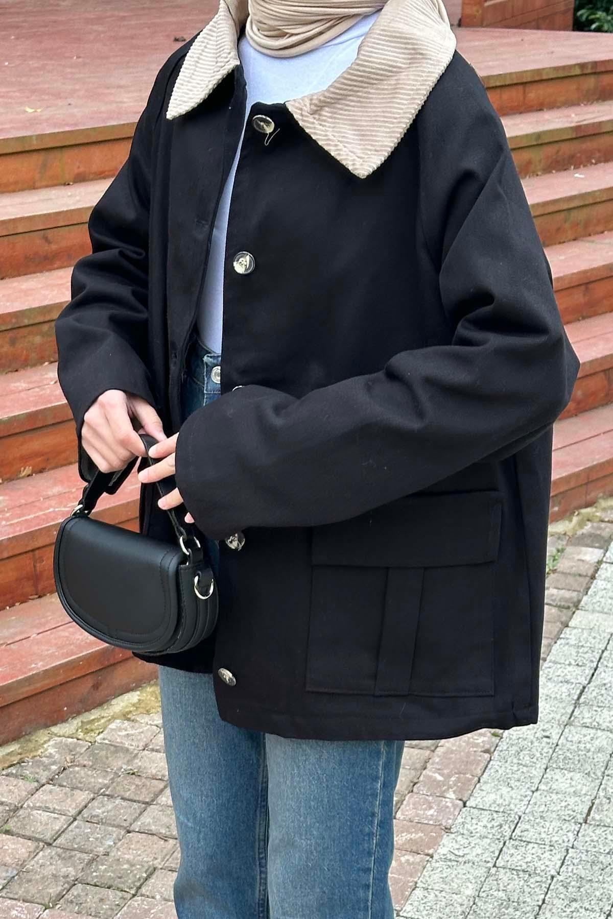 Lamelif  Yaka Detaylı Düğmeli Gabardin Ceket Siyah - Görsel 3