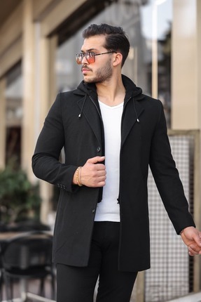 BERMUDA Erkek Siyah Slim Çıkarılabilir Kapüşonlu Önü Fermuarlı ve Düğmeli Kaş...