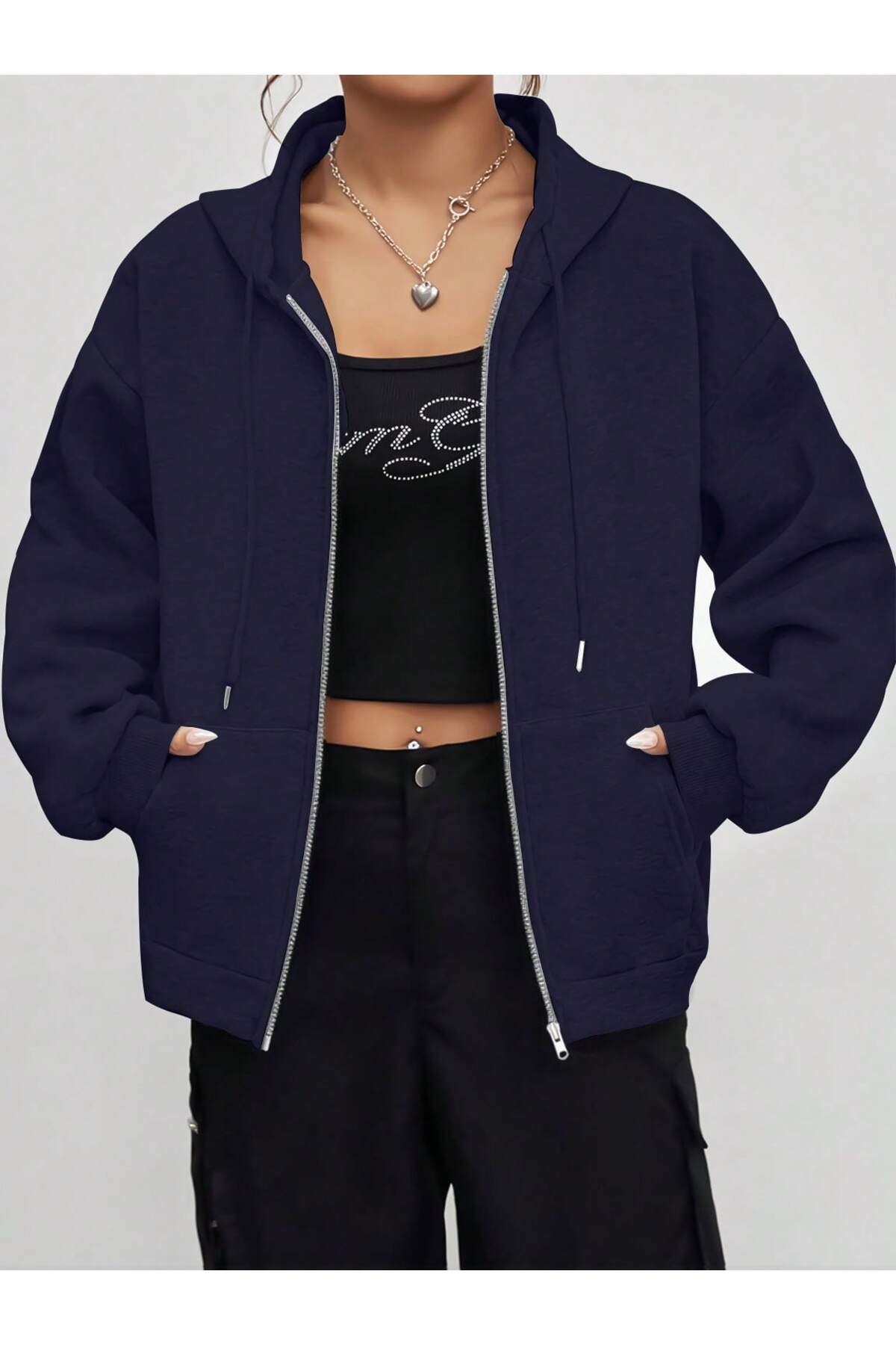 EYAX MODA  KADIN FERMUARLI KAPŞONLU CEKET - Görsel 2