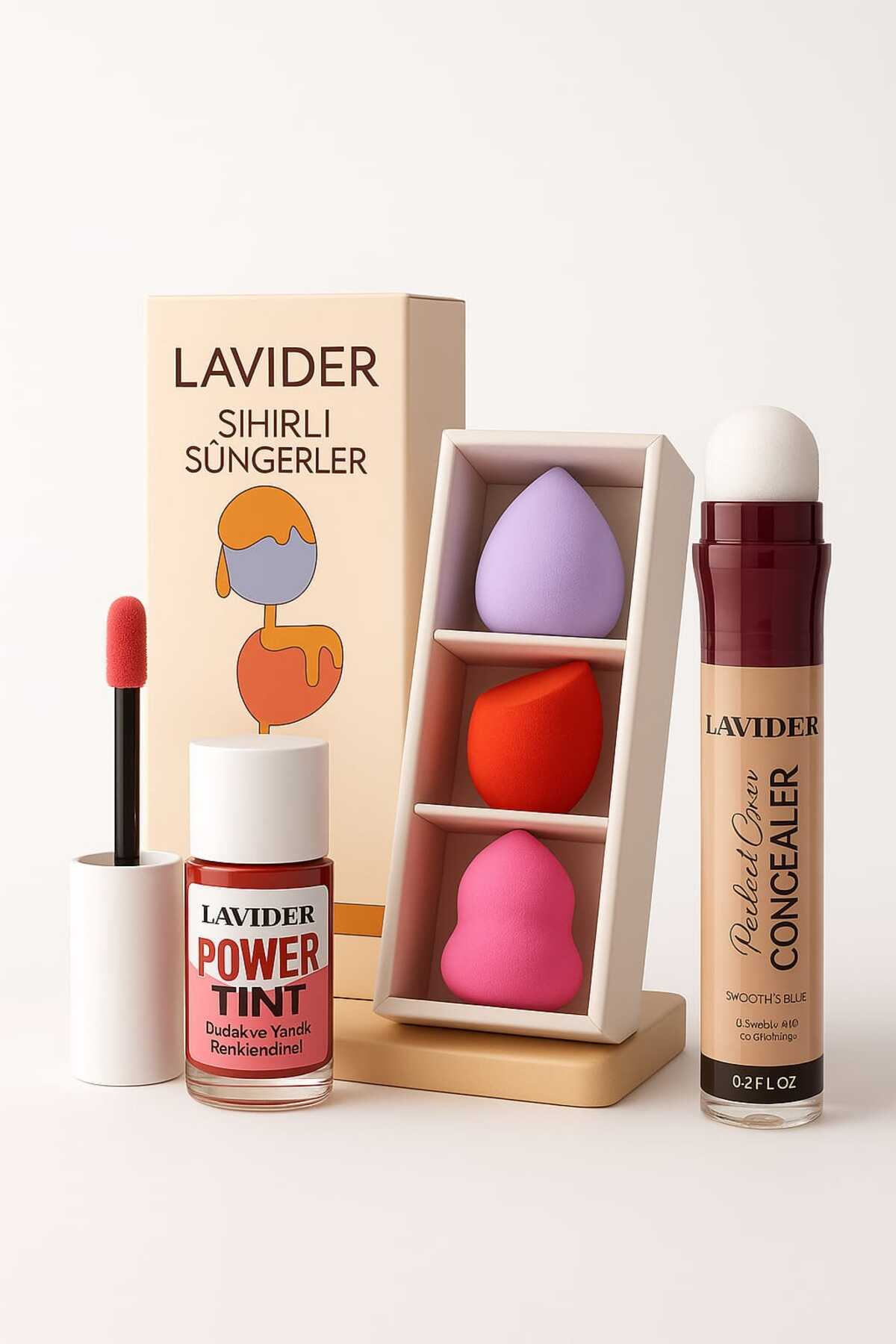 Lavider Açık Tenliler İçin Kutulu Makyaj Seti Pro 3’lü Sünger+ Likit Tint Alllık+ Kapatıcı 01+ Hediyelik Set