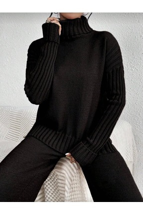 NEWCO Kadın Fitilli Yaka Saç örgü desenli Yanlardan yırtmaçlı Triko Takım Ant...