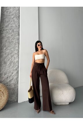 AKS Moda Giyim Bağcık Detaylı Palazzo Pantolon Kahve