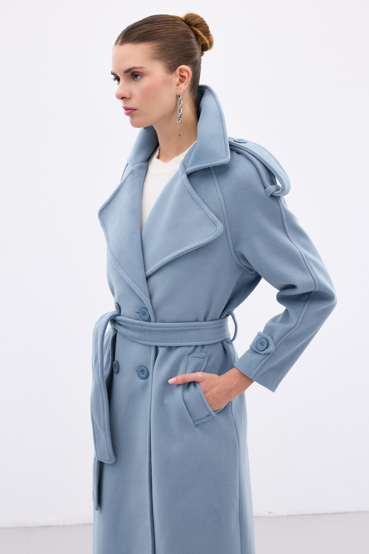 Sateen  Geniş Yaka Uzun Kaban - Mavi - Görsel 8